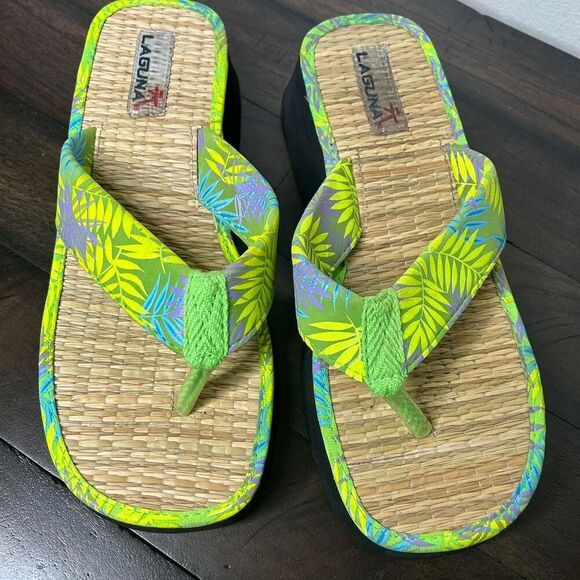 Vintage 90s 1990s Y2k 2000s Block Heel Square Toe shoes Tan and Green Sandals - Picture 2 of 8